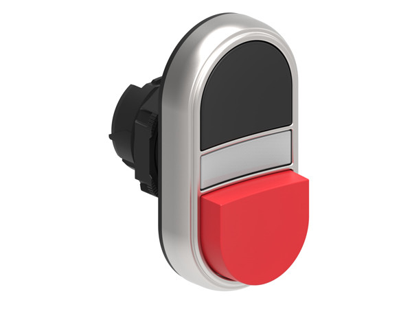Double-touch actuator, spring return, white indicator Ø22mm Platinum series chromed plastic, 1 extended and 1 flush pushbuttons. Both spring return, Black - Red