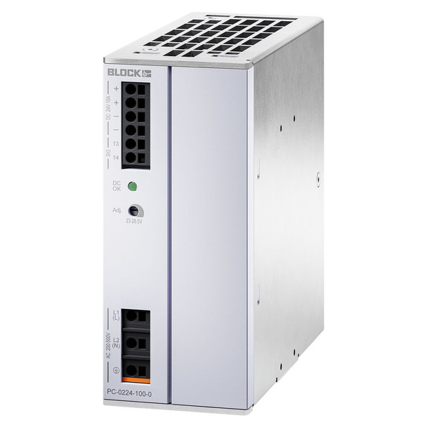 Block USA PC-0224-100-0 - Switched Mode Power Supply, Single and Two Phase, 240W, 200-500VAC Input, 240W/24VDC Output, DIN Rail