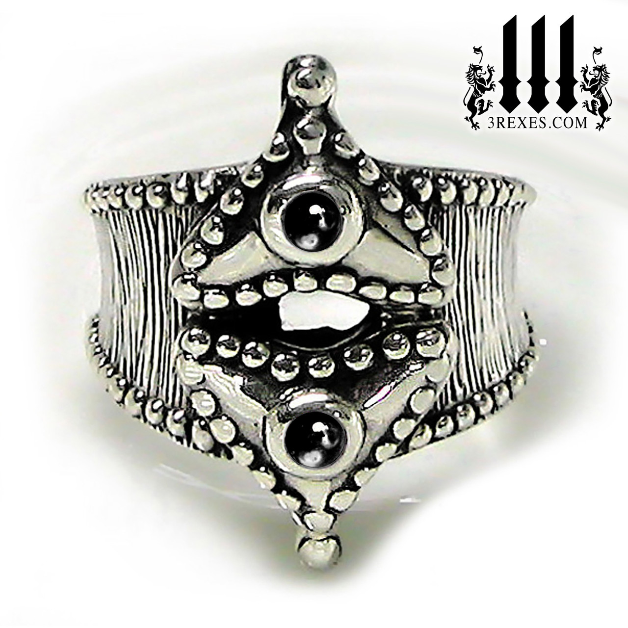 Moorish Medieval Gothic Silver Ring Stone & Size available:10 Black CZ and Green Peridot