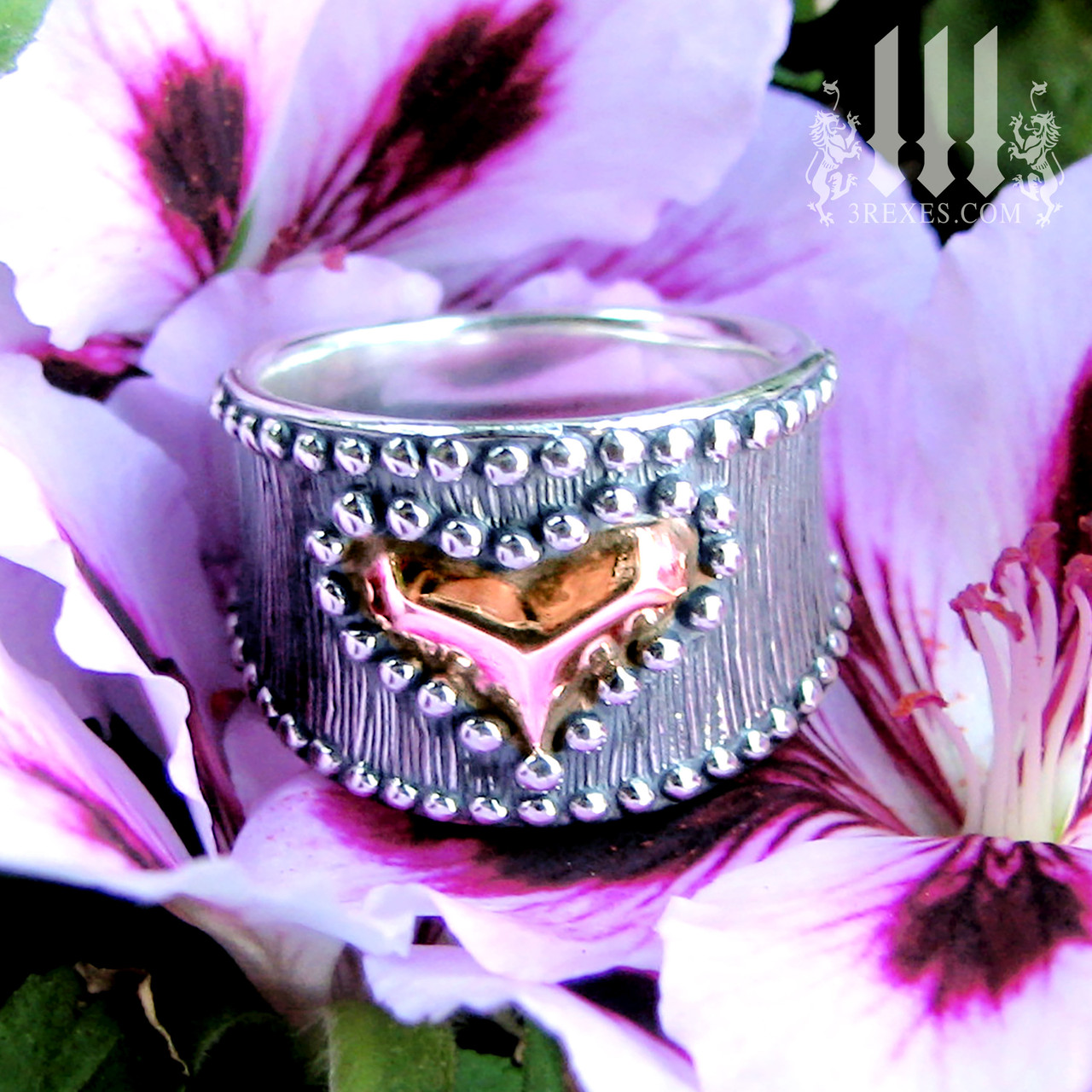 Medieval Studded Pink Rose Gold Heart Ring - 3 Rexes Jewelry