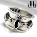 mens goth silver ring, black and green stone, wide band