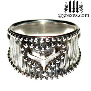  heart ring for women, gothic .925 sterling silver band, ladies goth punk rock jewelry, medieval studded royal style
