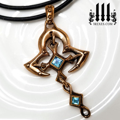 Bronze Moorish Princess Cross Necklace | Historic Gothic Pendant with blue topaz semi precious stones. and rubber choker