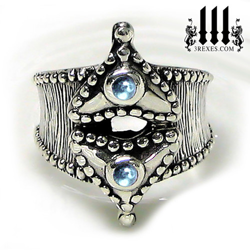 silver medieval fairy tale ring with blue topaz cabochon stones