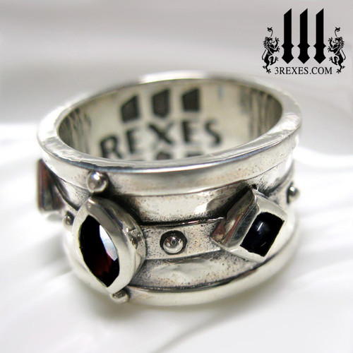 mens gothic ring with black garnet and onyx, silver wedding rings for him, moorish medieval band for knights templar and historic kings, side view by 3 rexes jewelry