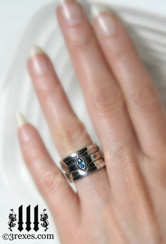 moorish marquise gothic wedding ring on woman's ring finger