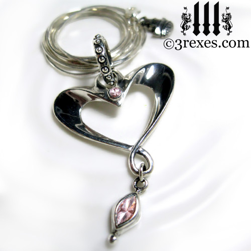 eros heart necklace long snake chain with pink cz
