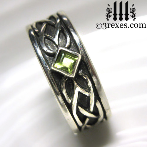 925 sterling silver celtic knot soul ring with green peridot stone mens medieval wedding ring 