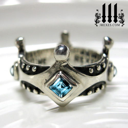 women's gothic wedding ring, medieval crown ring with blue topaz, .925 sterling silver brandy wine band with studs, princess stones, alternative alt engagement band