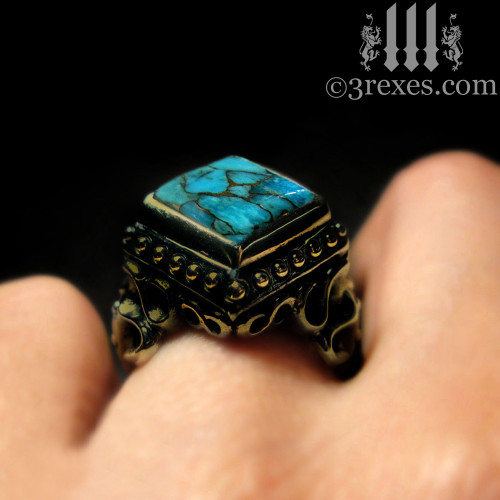 raven love antiqued brass wedding ring with blue copper turquoise model detail