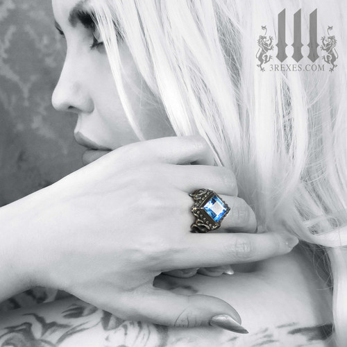 gothic wedding rings for women, raven love ring, blue topaz stone .925 sterling silver, fairytale ring, goth model, alt jewelry, alternative engagement