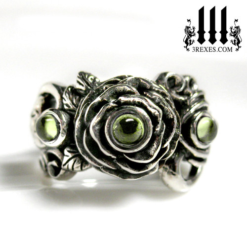 gothic silver wedding ring, rose moon spider ring, green peridot cabochon stone, womans fairytale ring, promise ring, august birthstone 