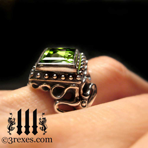gothic wedding rings,  green peridot silver bands for women and ladies with an alternative lifestyle, unique promise ring