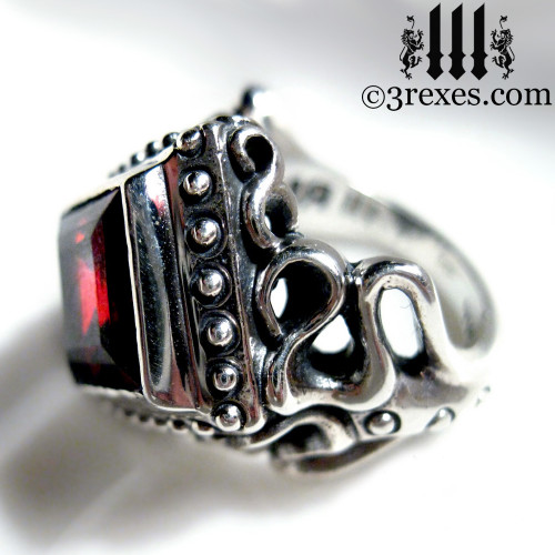 silver studded garnet ring for women, goth engagement band for her, medieval wedding band for ladies, vampire jewellery 