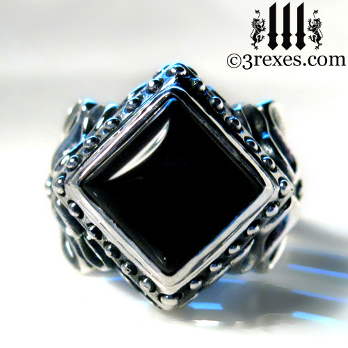 ladies gothic wedding ring with black onyx cabochon, silver goth engagement band for vampires  
