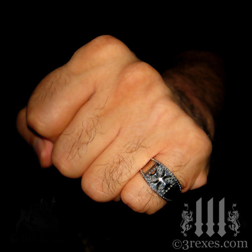 mens studded iron cross ring .925 sterling silver gothic medieval band knights templar masonic jewelry for pirates
