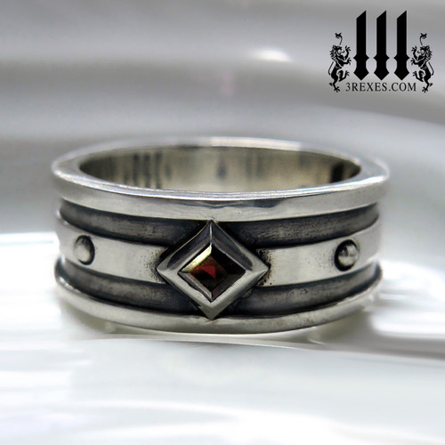 mens garnet ring for gothic wedding, mans silver medieval band, royal jewelry for kings, knights templar jewellery, silver rings for guys, magic ring, august birthstone ring, unique ring for him