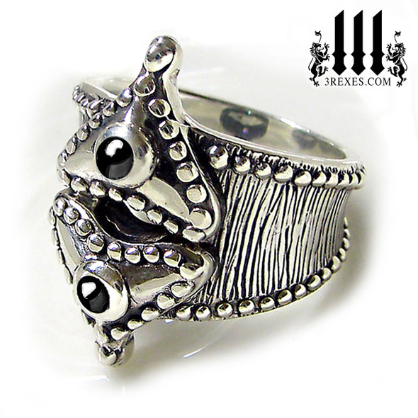 silver medieval fairy tale ring with black onyx stones side view with punk studs for woman and ladies, unique promise rings for her