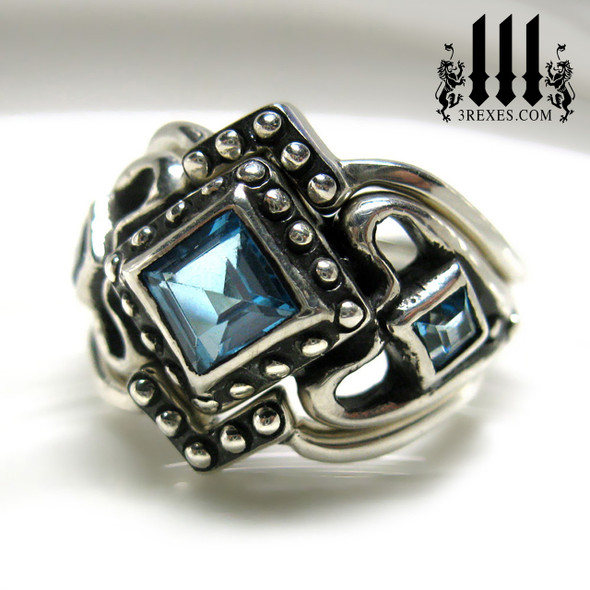 Princess Love Gothic Engagement Ring, sterling silver with blue topaz stones. Including two stacking wedding rings. 