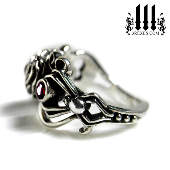garnet silver rose moon spider ring - insect side womans wedding ring 