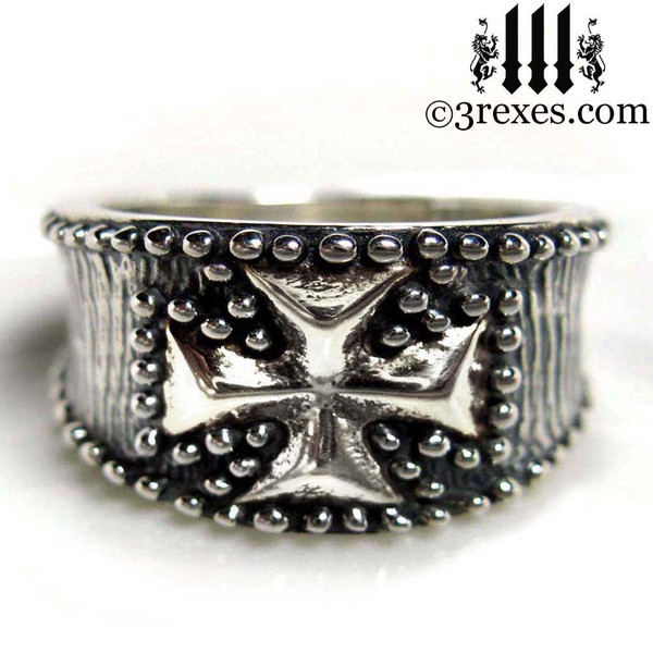 mens studded iron cross ring, .925 sterling silver gothic medieval band, knights templar masonic jewelry, biker ring, large mens size