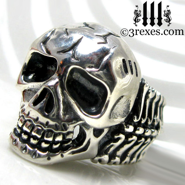 silver skull biker ring .925 sterling left view silver skull biker ring .925 sterling left view