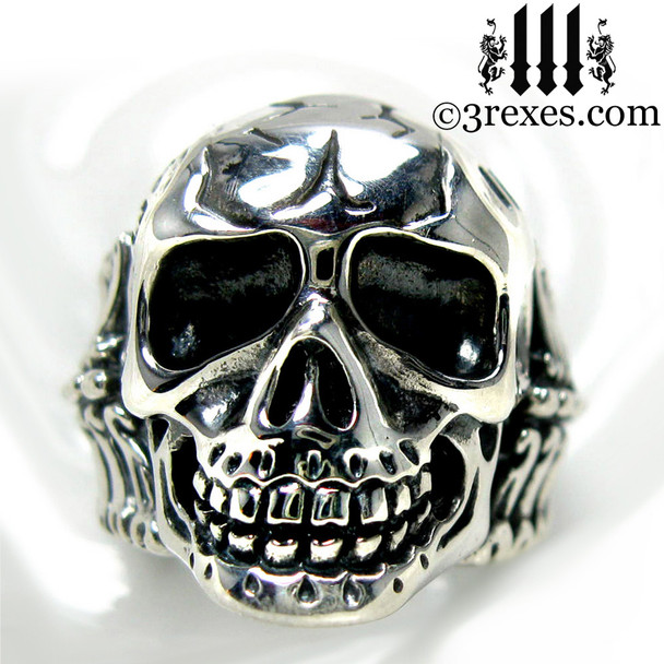 silver skull biker ring .925 sterling front view silver skull biker ring .925 sterling front view