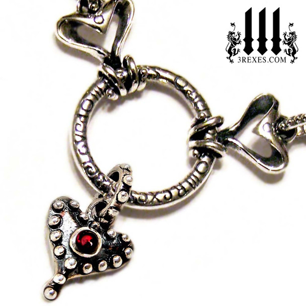 .925 sterling silver fairy tale gothic choker with studded hearts and red garnet