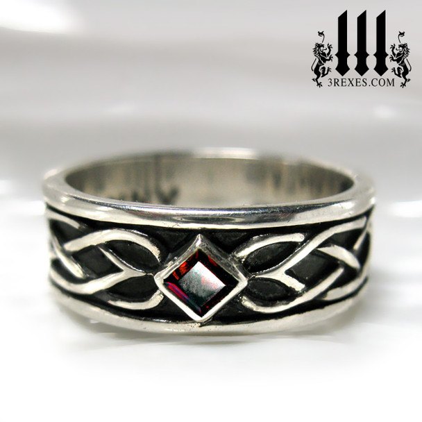 Celtic Knot Silver Soul Ring .925 Sterling Silver Gothic Wedding Band with Garnet Stone