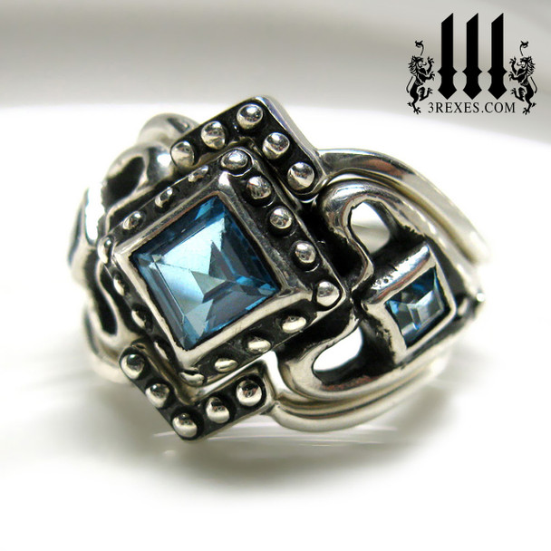 Silver love gothic engagement ring with 2 stacking rings ladies wedding ring womans medieval band with magical blue topaz princess love ring, wicca jewelry, alt promise 
