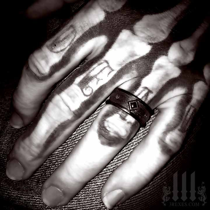 tattoo-mens-gothic-wedding-ring-customer-wearing 3 rexes jewelry