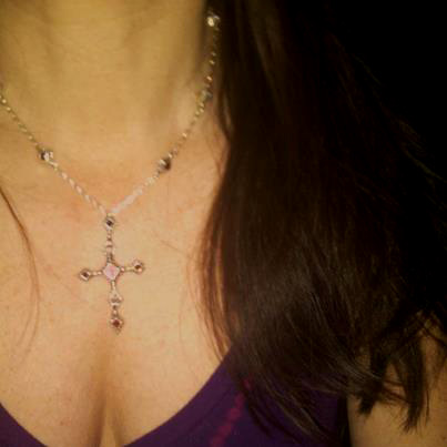 renaissance cross necklace, christian cross with pink stones