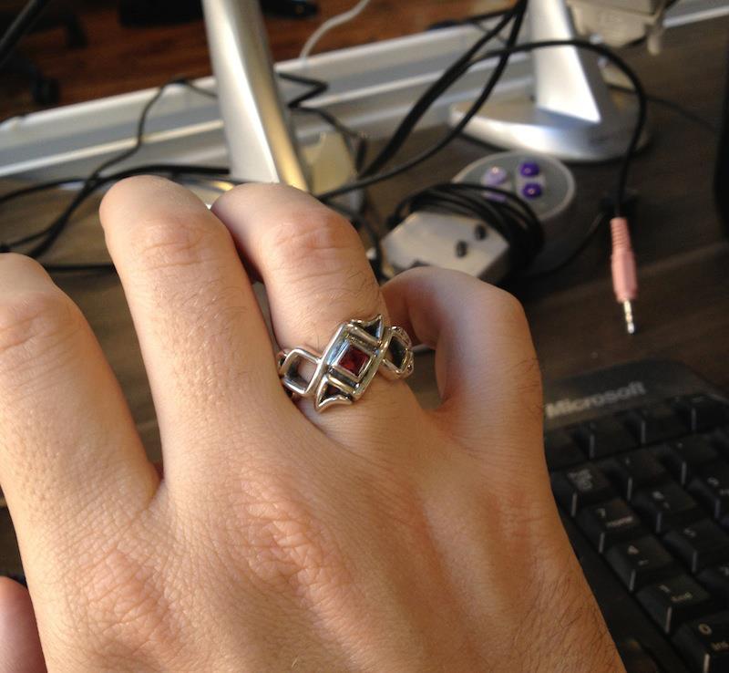 mens silver bohemian ring, medieval style design with red garnet