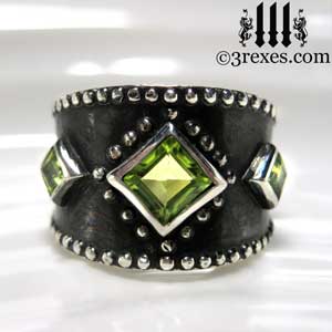 unique-3-wishes-silver-medieval-wedding-ring-gothic-green-peridot-stones-wide-studded-engagement-band-dark-black-unisex-august-birthstone