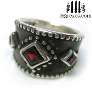 womans-3-wishes-silver-medieval-wedding-ring-gothic-red-garnet-stones-wide-studded-engagement-band-dark-black-unisex-design