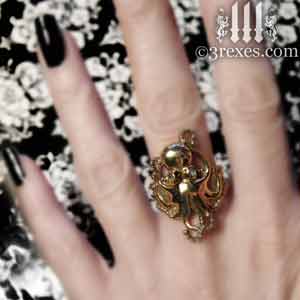brass octopus dream ring blue topaz stone eyes gothic studded steampunk band model detail