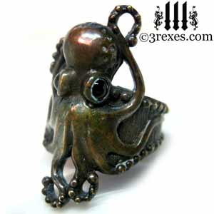 octopus dream ring dark brass black onyx stone eyes gothic steampunk studded band