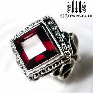 raven-love-silver-wedding-ring-gothic-garnet-stone-medieval-engagement-band-studded-january-birthstone-jewelry-cocktail-statement-band