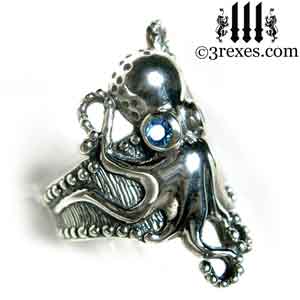 silver-octopus-dream-ring-blue-topaz-stone-eyes-studded-band-side-detail december birthstone by 3 rexes jewelry