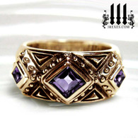 purple stone ring for men, silver gothic wedding ring, .925 sterling silver 3 kings band ring, Medieval engagement  crown, dark ages jewellery, pagan couple, wicca, christian love, middle ages, history, historical, spiritual, 3 rexes jewelry, unique band for guys