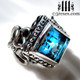 goth wedding ring for her, blue topaz stone alternative promise ring with rocker silver studs