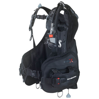 Hydros X front-adjustable BCD designed for Southern California diving, featuring Monprene® thermoplastic shoulders and integrated weight system