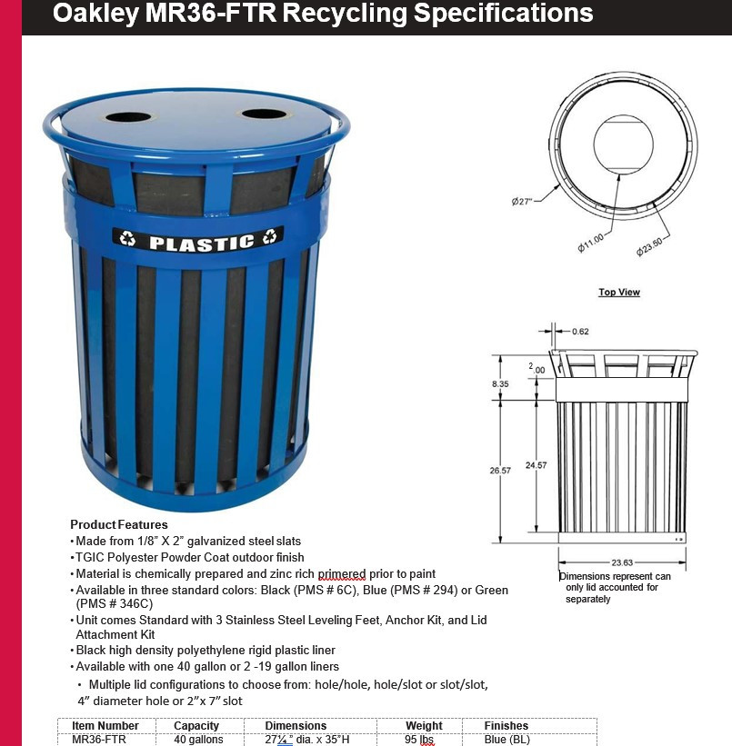 36 Gal. Oakley Metal Recycling Outdoor City Trash Can MR36-FTR-RBL