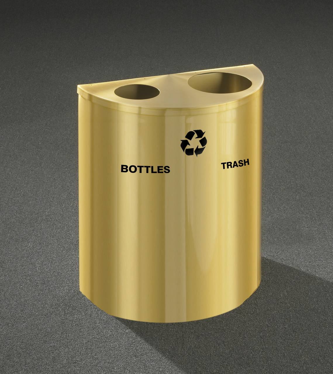 29 Gallon Dual Half Round Recycling Trash Can Hinged Lid Satin Brass Bottles and Waste Openings