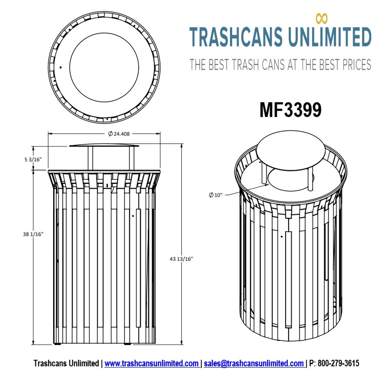 38 Gal. Flat Steel Waste Container with Rain Hood Top MF3399