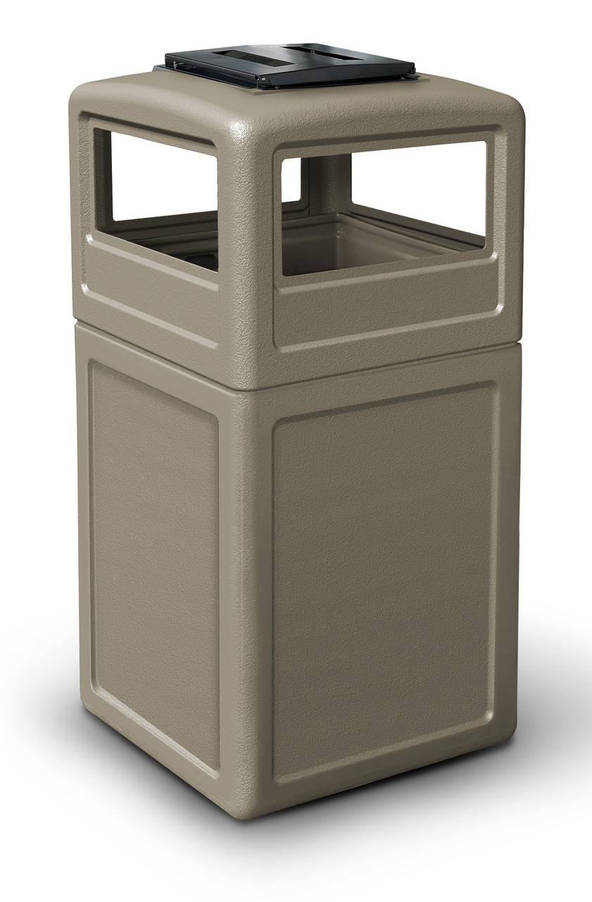 42 Gallon Square Outdoor Garbage Can Dome Lid and Ashtray Beige