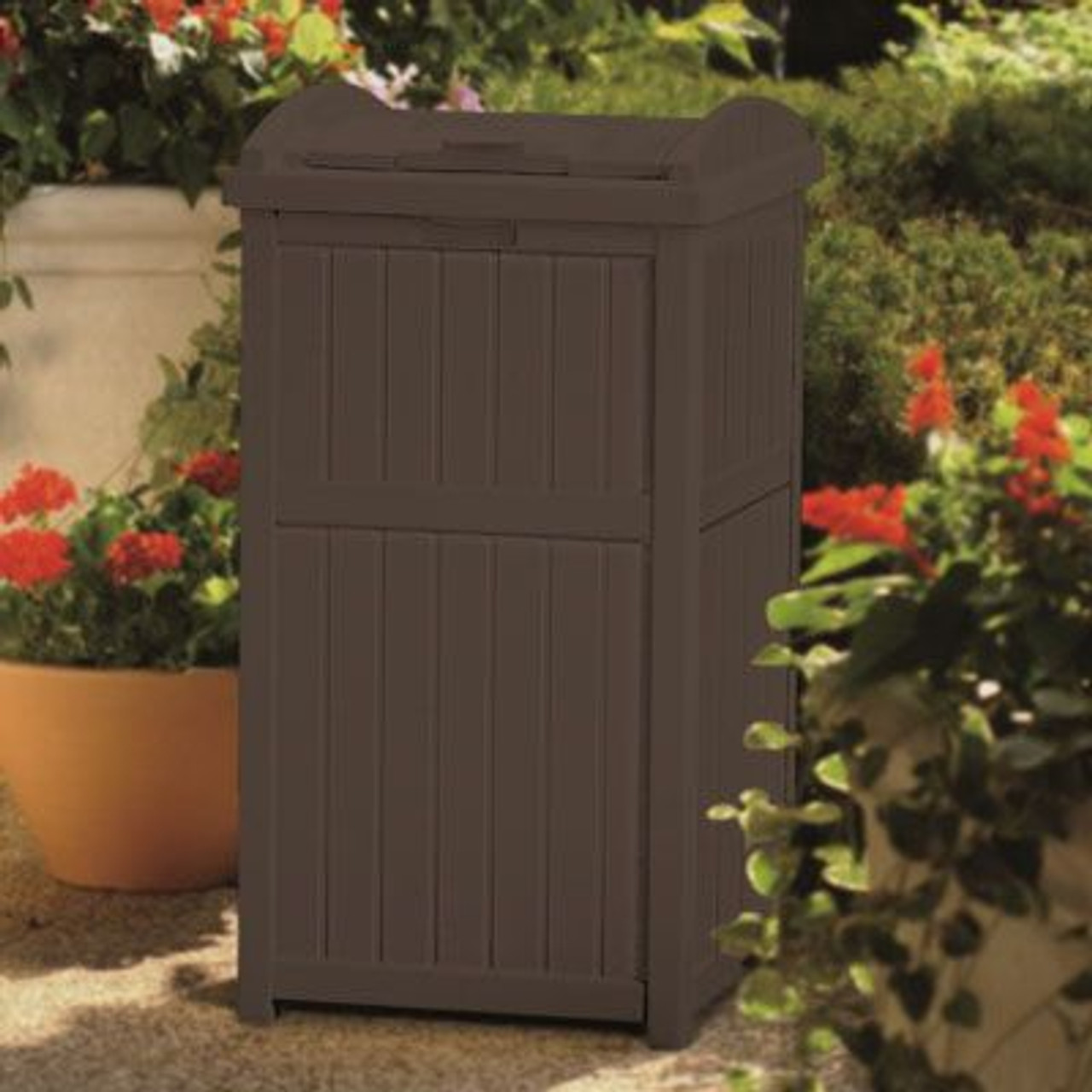 Suncast Wicker Resin Outdoor Hideaway Trash Can with Latching Lid Dark Taupe