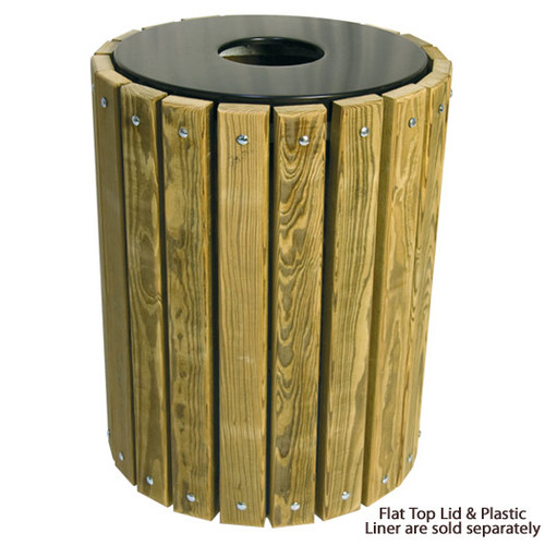 32 Gallon Ultra Site Round Wood Plank Pine Trash Can TR32W Pressure Treated with Flat Top Lid