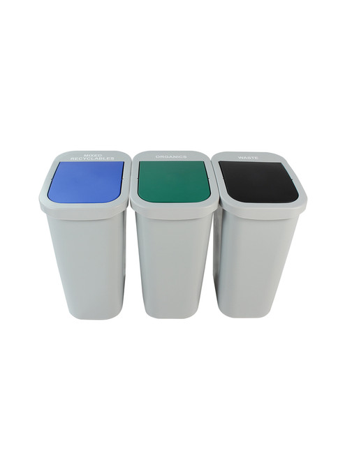 30 Gallon Billi Box Triple Trash Can Recycle Bin Center 8102032-444 (Mixed Swing, Organics Swing, Waste Swing)