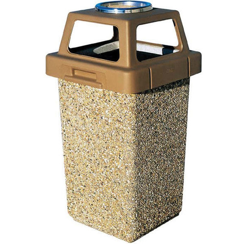 Wausau Tile 4 Way Open Top 9 Gallon Concrete Trash Receptacle with Ashtray - TF2070, Exposed Buff (E21)